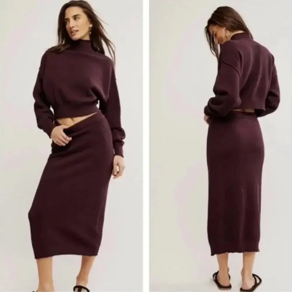 Free People Beach Womens Hailee Knit Midi Skirt Waffle Sweater Comfortable Small